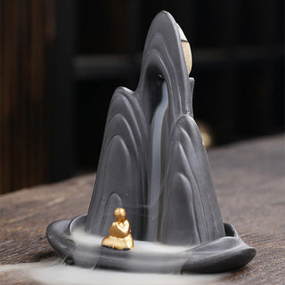 Buddha Gift Little Monk Mountains Flowing Water Purple Clay Ceramic Healing Backflow Incense Burner Decoration