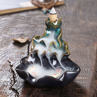 Buddha Gift Lotus Leaf Koi Fish Ceramic Backflow Smoke Fountain Peace Incense Burner Decoration