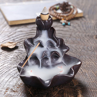 Buddha Gift Lotus Leaf Koi Fish Ceramic Backflow Smoke Fountain Peace Incense Burner Decoration