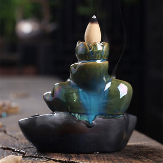 Buddha Gift Lotus Leaf Koi Fish Ceramic Backflow Smoke Fountain Peace Incense Burner Decoration