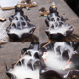 Buddha Gift Lotus Leaf Koi Fish Ceramic Backflow Smoke Fountain Peace Incense Burner Decoration