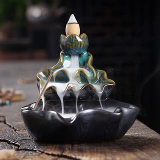Buddha Gift Lotus Leaf Koi Fish Ceramic Backflow Smoke Fountain Peace Incense Burner Decoration