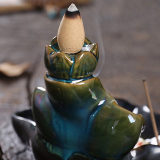 Buddha Gift Lotus Leaf Koi Fish Ceramic Backflow Smoke Fountain Peace Incense Burner Decoration