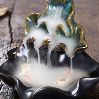Buddha Gift Lotus Leaf Koi Fish Ceramic Backflow Smoke Fountain Peace Incense Burner Decoration