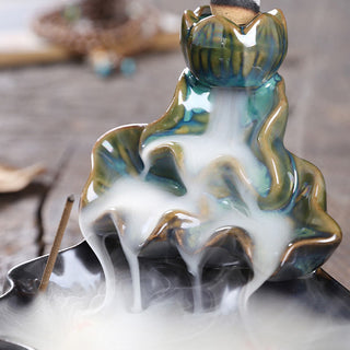 Buddha Gift Lotus Leaf Koi Fish Ceramic Backflow Smoke Fountain Peace Incense Burner Decoration