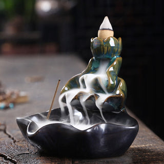 Buddha Gift Lotus Leaf Koi Fish Ceramic Backflow Smoke Fountain Peace Incense Burner Decoration