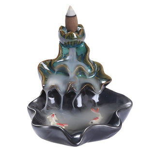 Buddha Gift Lotus Leaf Koi Fish Ceramic Backflow Smoke Fountain Peace Incense Burner Decoration