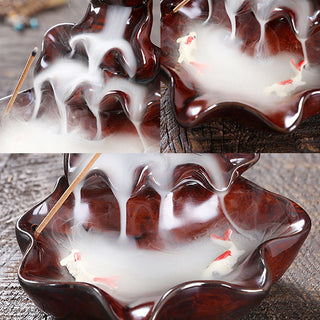 Buddha Gift Lotus Leaf Koi Fish Ceramic Backflow Smoke Fountain Peace Incense Burner Decoration