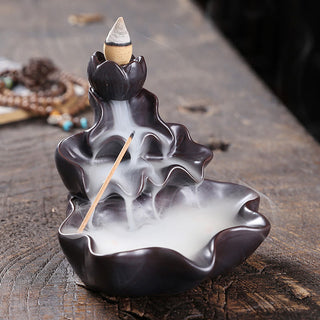 Buddha Gift Lotus Leaf Koi Fish Ceramic Backflow Smoke Fountain Peace Incense Burner Decoration