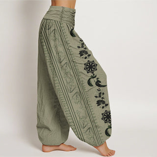Buddha Gift Dharma Wheel Lotus OM Pattern Women's Elastic Waist Harem Pants