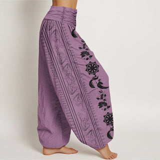 Buddha Gift Dharma Wheel Lotus OM Pattern Women's Elastic Waist Harem Pants