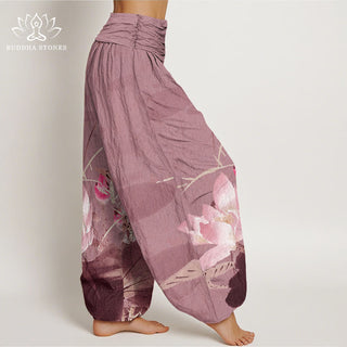 Buddha Gift Pink Lotus Leaves Bird Pattern Women's Elastic Waist Harem Pants