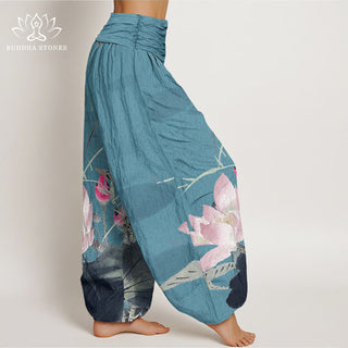 Buddha Gift Pink Lotus Leaves Bird Pattern Women's Elastic Waist Harem Pants