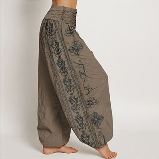 Buddha Gift Lotus Flowers Double Dorje Vajra Namaste Om Design Women's Elastic Waist Harem Pants
