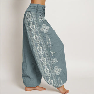 Buddha Gift Lotus Flowers Double Dorje Vajra Namaste Om Design Women's Elastic Waist Harem Pants