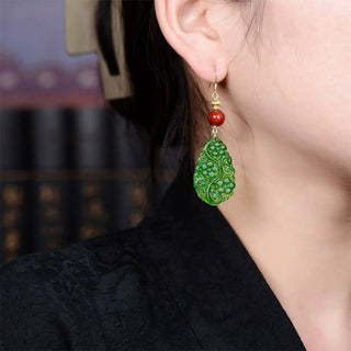 Buddha Gift Water Droplet Hollow Shape Jade Red Agate 925 Sterling Silver Luck Earrings