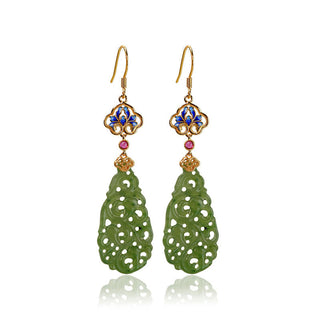 Buddha Gift Hollow Hetian Jade Enamel 925 Sterling Silver Prosperity Earrings