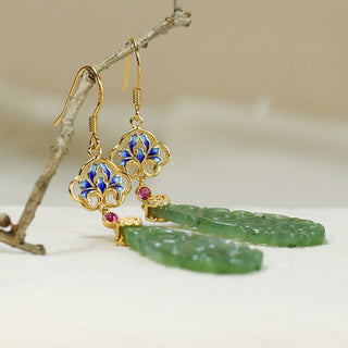Buddha Gift Hollow Hetian Jade Enamel 925 Sterling Silver Prosperity Earrings