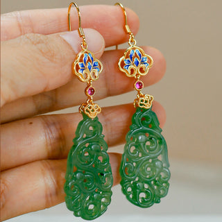 Buddha Gift Hollow Hetian Jade Enamel 925 Sterling Silver Prosperity Earrings