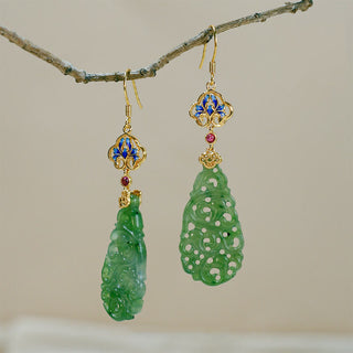 Buddha Gift Hollow Hetian Jade Enamel 925 Sterling Silver Prosperity Earrings