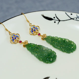 Buddha Gift Hollow Hetian Jade Enamel 925 Sterling Silver Prosperity Earrings