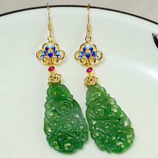 Buddha Gift Hollow Hetian Jade Enamel 925 Sterling Silver Prosperity Earrings