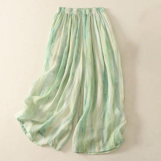 Buddha Gift 7-8 Length Elastic Waist Women's Wide Leg Cotton Linen Pants With Pockets