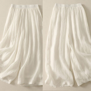 Buddha Gift 7-8 Length Elastic Waist Women's Wide Leg Cotton Linen Pants With Pockets