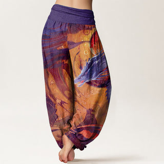 Buddha Gift Pure Cotton Dragon Auspicious Clouds Pattern Women's Elastic Waist Harem Pants