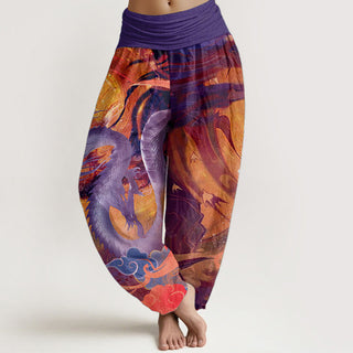 Buddha Gift Pure Cotton Dragon Auspicious Clouds Pattern Women's Elastic Waist Harem Pants
