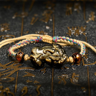 Buddha Gift Gold Sheen Obsidian PiXiu Wealth Rope Bracelet