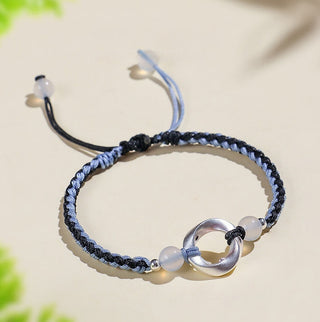 Buddha Gift 925 Sterling Silver Mobius White Agate Bead Braided String Protection Bracelet