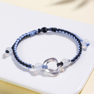 Buddha Gift 925 Sterling Silver Mobius White Agate Bead Braided String Protection Bracelet