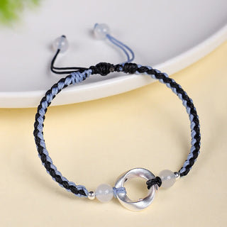 Buddha Gift 925 Sterling Silver Mobius White Agate Bead Braided String Protection Bracelet