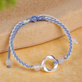 Buddha Gift 925 Sterling Silver Mobius White Agate Bead Braided String Protection Bracelet