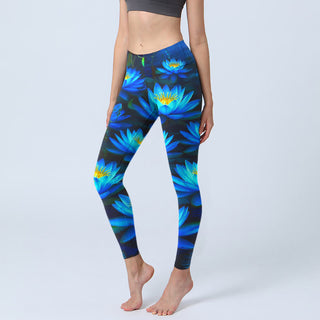Buddha Gift Deep Blue Water Lily Lotus Print Gym Leggings Women's Yoga Pants