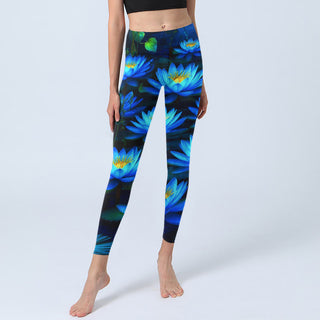 Buddha Gift Deep Blue Water Lily Lotus Print Gym Leggings Women's Yoga Pants