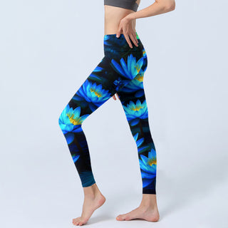 Buddha Gift Deep Blue Water Lily Lotus Print Gym Leggings Women's Yoga Pants