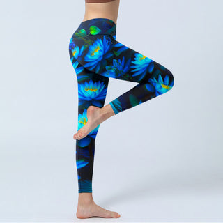 Buddha Gift Deep Blue Water Lily Lotus Print Gym Leggings Women's Yoga Pants