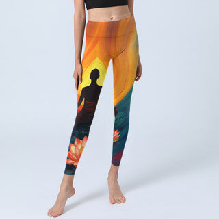 Buddha Gift Meditating Figure Lotus Flower Print Gym Leggings Women's Yoga Pants