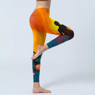 Buddha Gift Meditating Figure Lotus Flower Print Gym Leggings Women's Yoga Pants