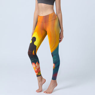 Buddha Gift Meditating Figure Lotus Flower Print Gym Leggings Women's Yoga Pants