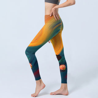Buddha Gift Meditating Figure Lotus Flower Print Gym Leggings Women's Yoga Pants