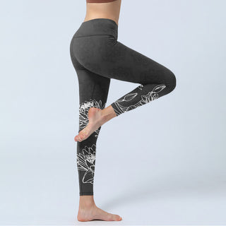Buddha Gift White Sketch Lotus Flowers Leaves Print Gym Leggings Women's Yoga Pants