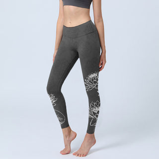 Buddha Gift White Sketch Lotus Flowers Leaves Print Gym Leggings Women's Yoga Pants