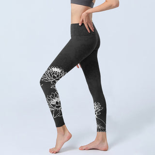 Buddha Gift White Sketch Lotus Flowers Leaves Print Gym Leggings Women's Yoga Pants