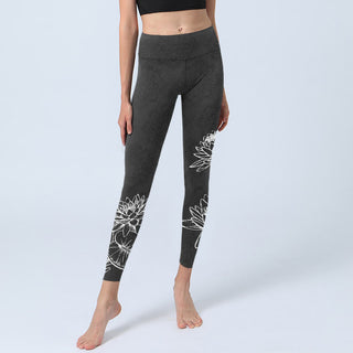 Buddha Gift White Sketch Lotus Flowers Leaves Print Gym Leggings Women's Yoga Pants