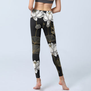 Buddha Gift White Golden Lotus Leaves Print Gym Leggings Women's Yoga Pants
