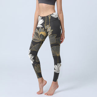 Buddha Gift White Golden Lotus Leaves Print Gym Leggings Women's Yoga Pants