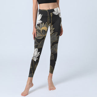 Buddha Gift White Golden Lotus Leaves Print Gym Leggings Women's Yoga Pants